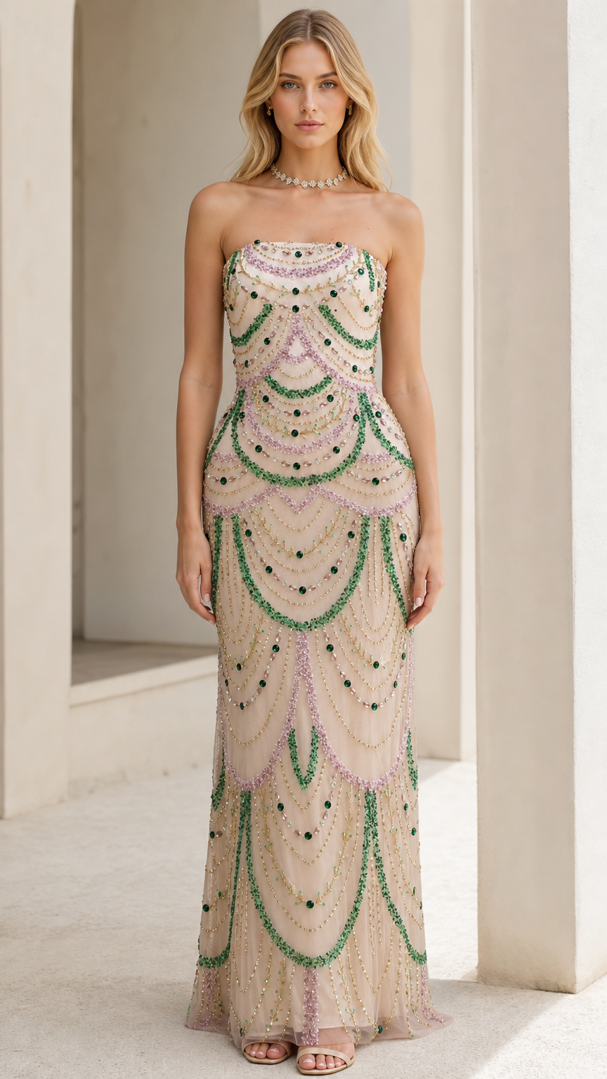 Front view of model wearing the champagne beaded strapless evening gown