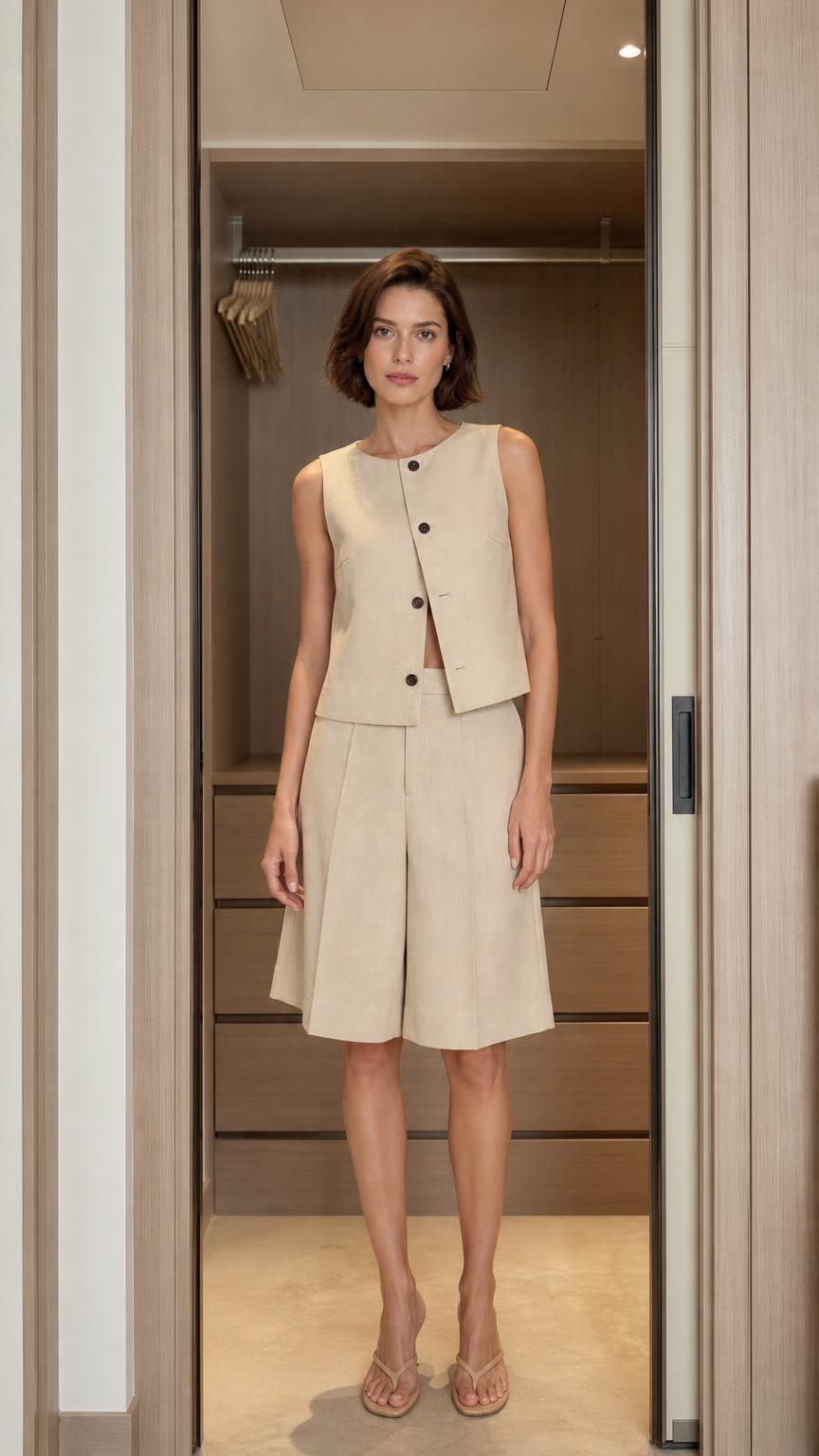 Front view of woman wearing beige sleeveless top and bermuda shorts set