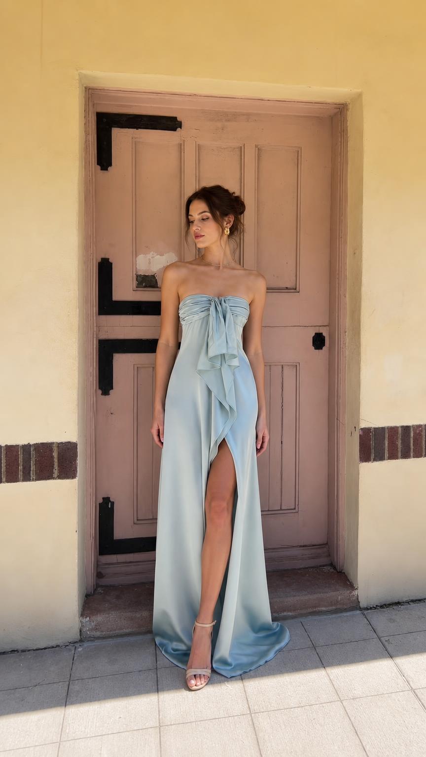 Sage green strapless evening dress front view with high slit
