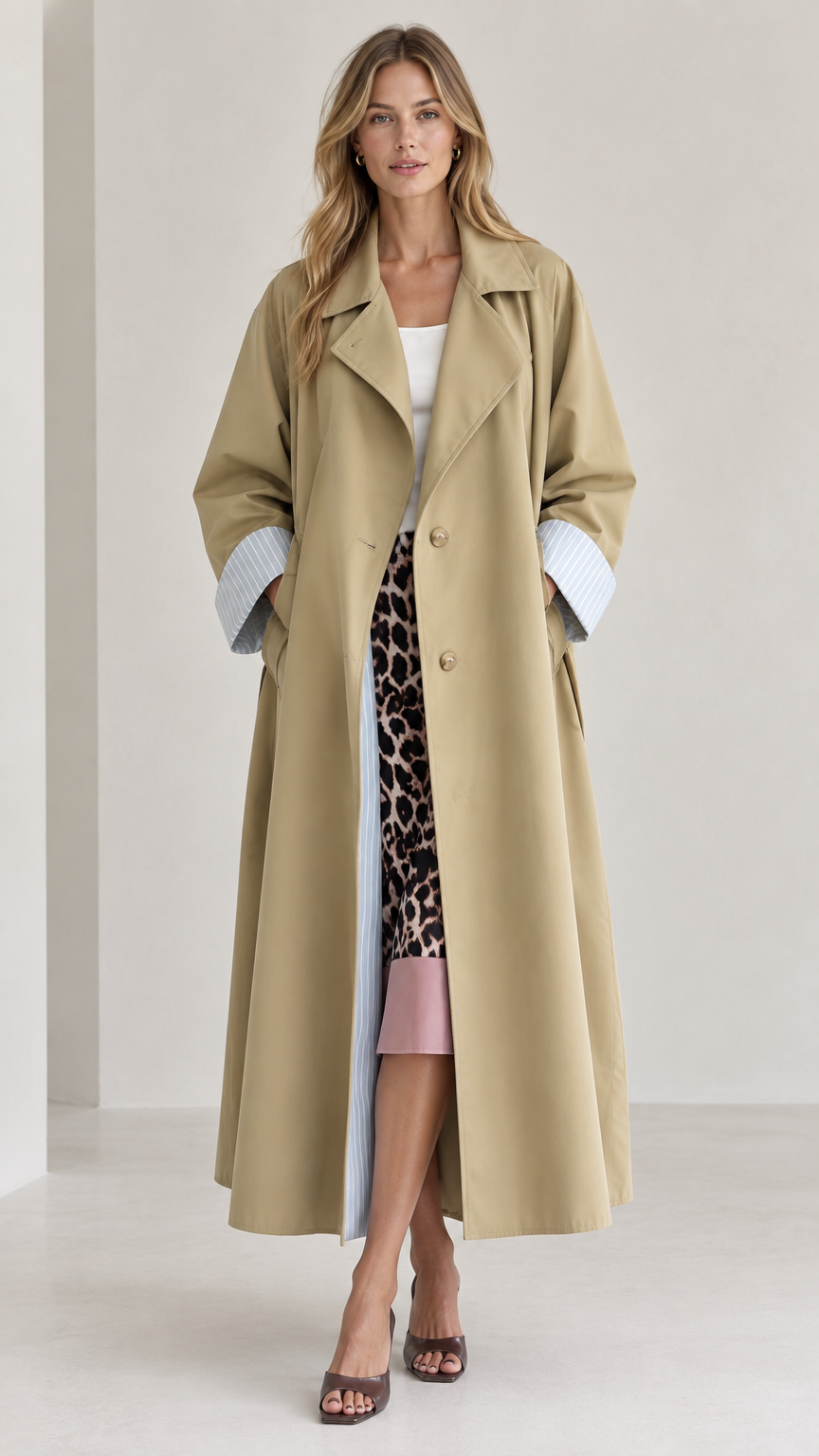 Front view of woman wearing long khaki trench coat with turned-up pinstriped cuffs