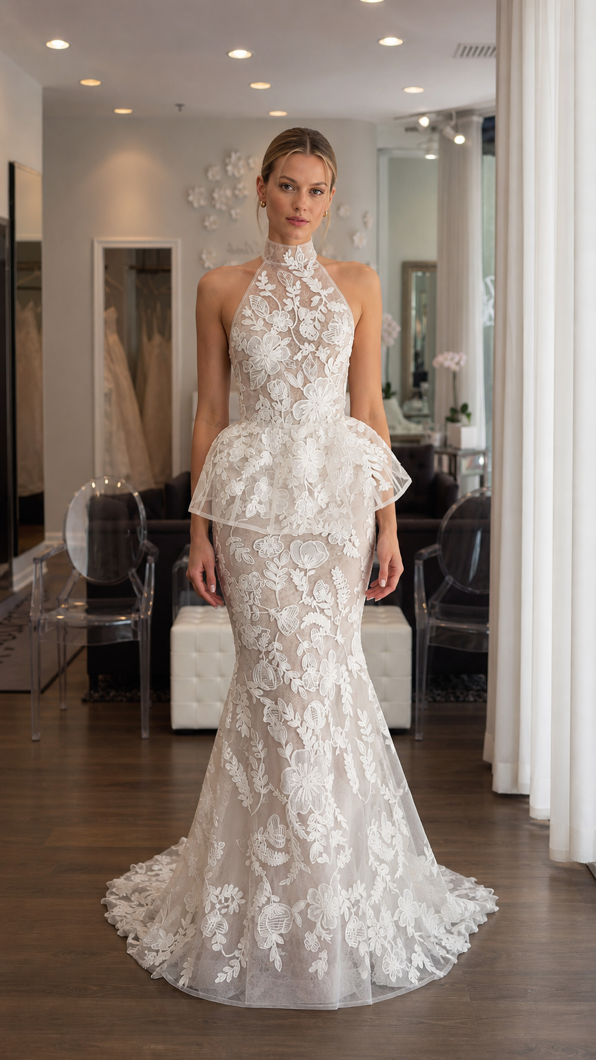 Front view of white floral lace halter peplum mermaid evening dress