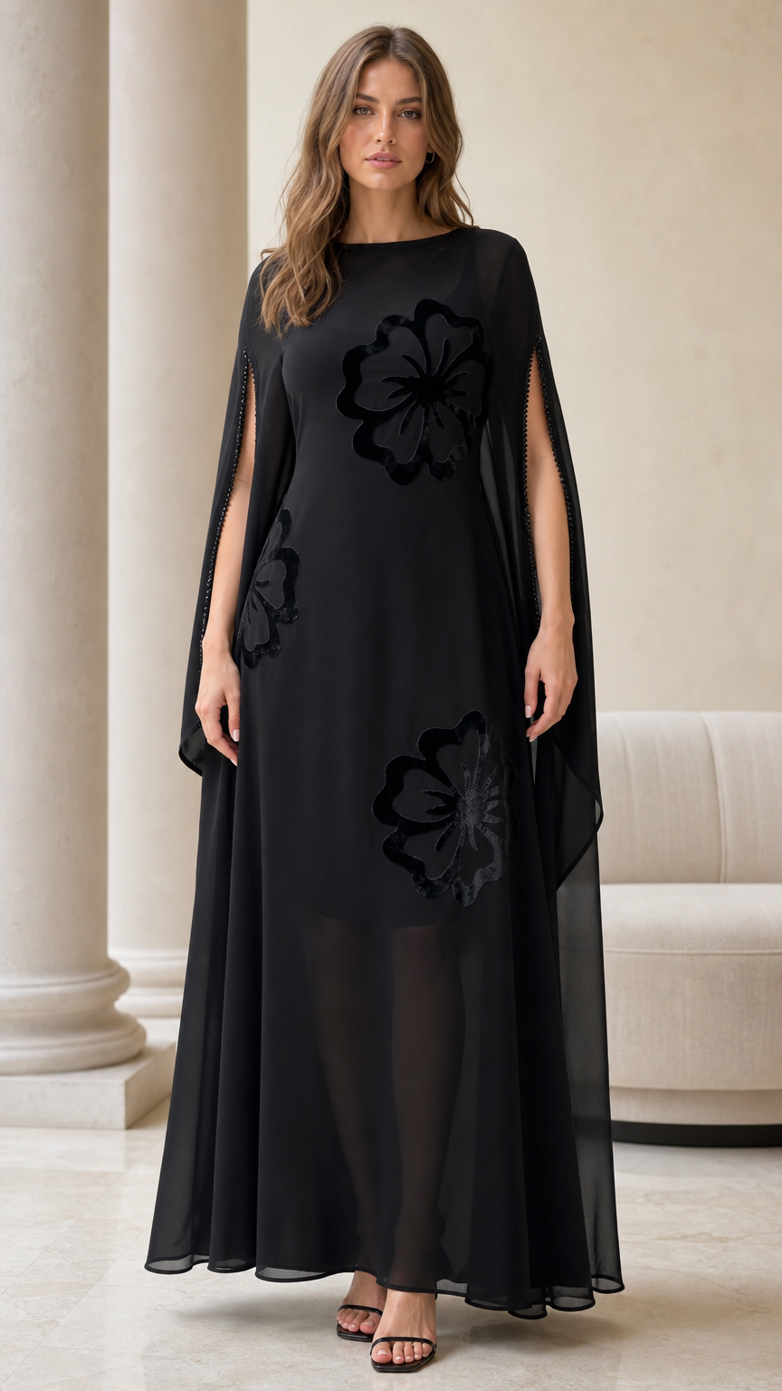 Full front view of black floral flocked chiffon cape sleeve maxi dress