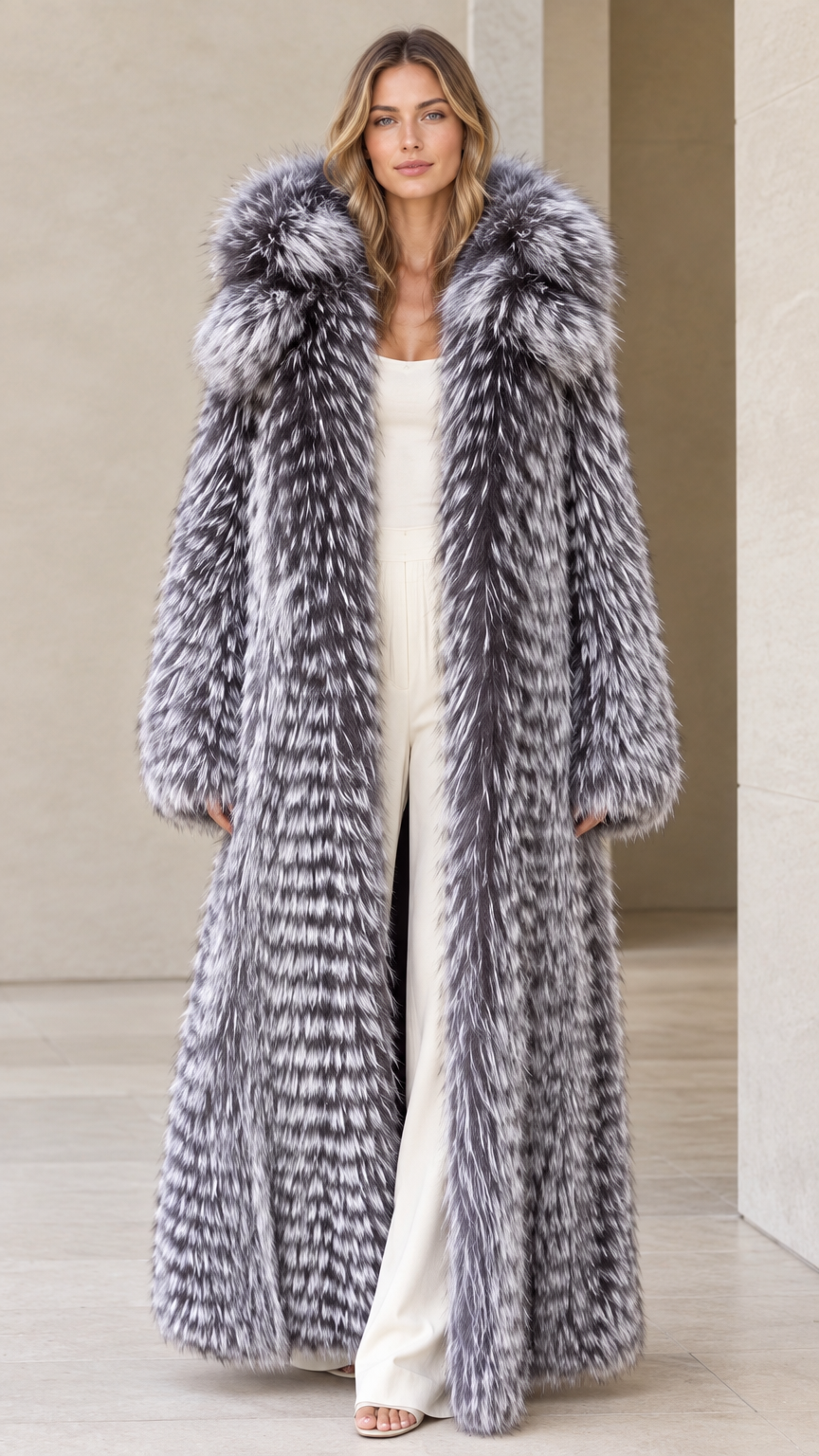 Front view of woman wearing silver grey full-length hooded faux fur maxi coat