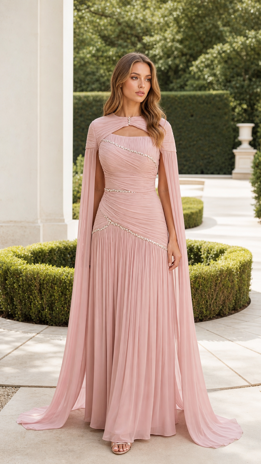 Front view of woman wearing dusty pink ruched evening gown with dramatic cape sleeves and crystal waist detail