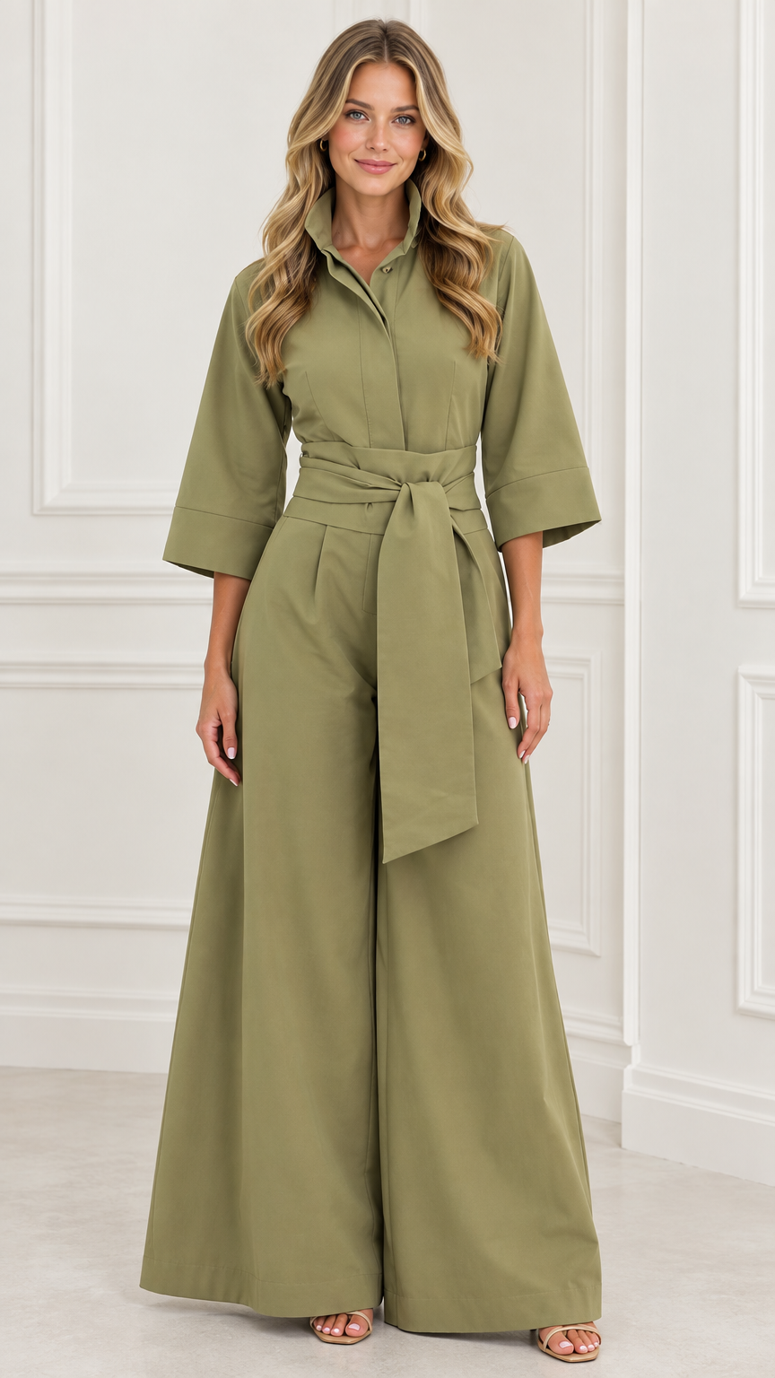 Full-length front view of woman wearing an olive green wide-leg collared jumpsuit with tie belt