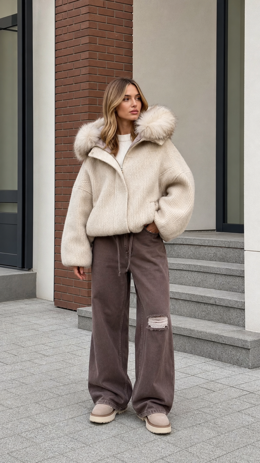 Women's cream plush ribbed bomber jacket with faux fur trimmed hood full front view