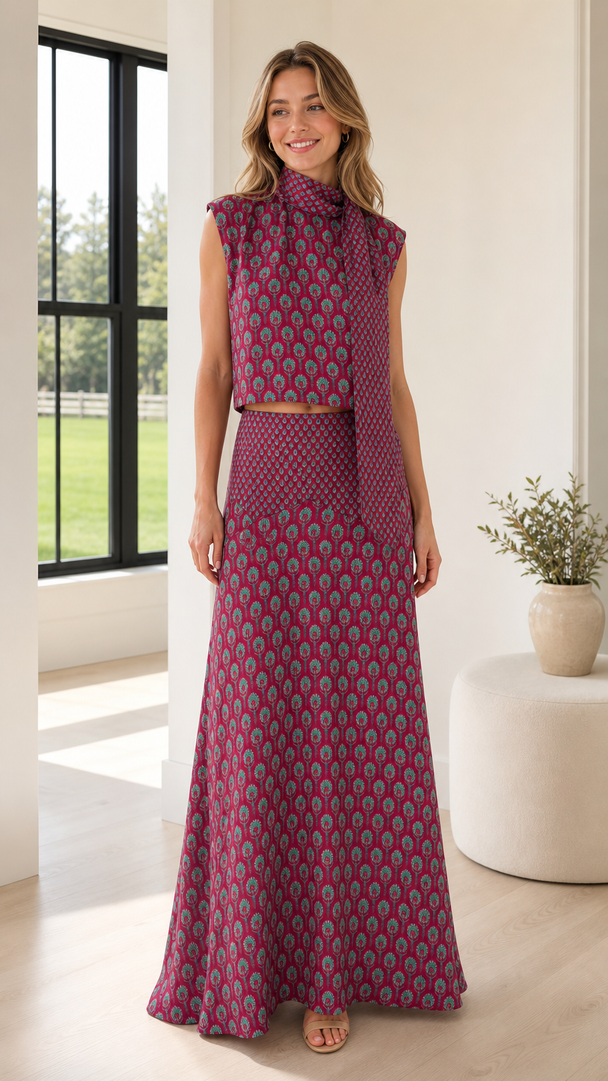 Front view of model wearing berry patterned two-piece top and maxi skirt set