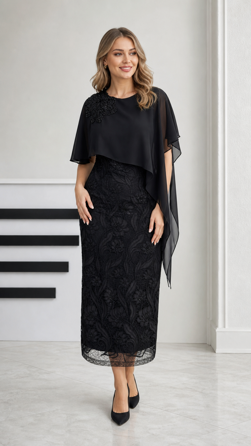 Front view of black embroidered lace midi dress with chiffon cape overlay