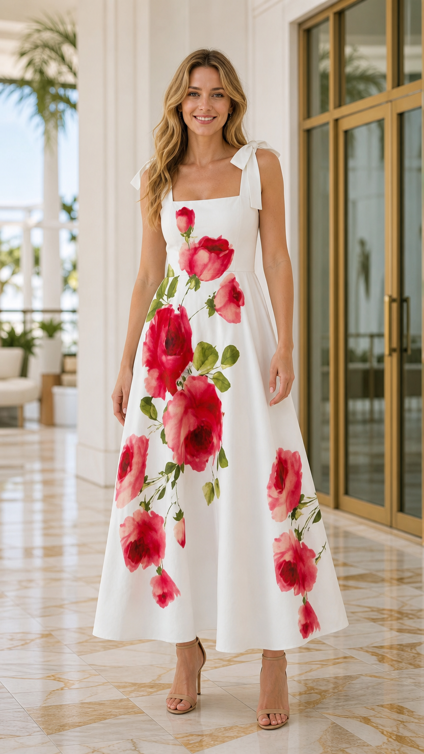 Front view of woman wearing white floral maxi dress with tie straps