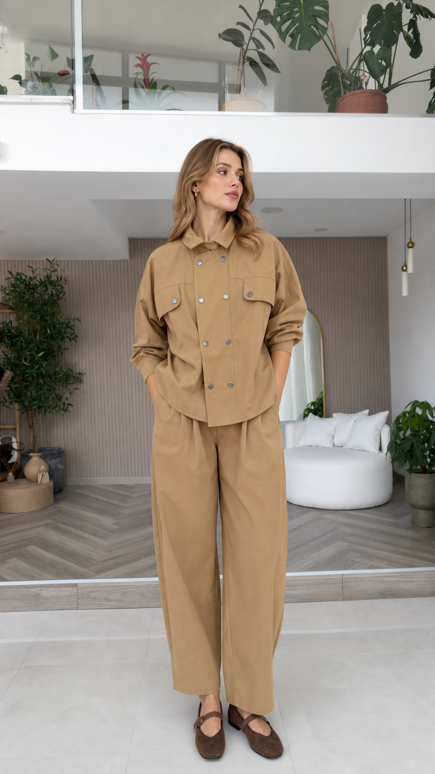 Women's camel double-breasted long sleeve shirt and wide-leg trousers matching set front view