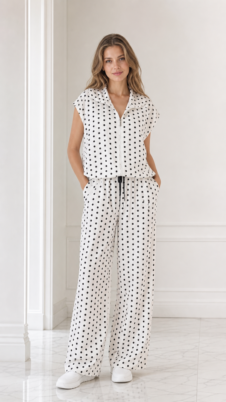 Full front view of model wearing white and black polka dot two-piece matching set with wide leg pants