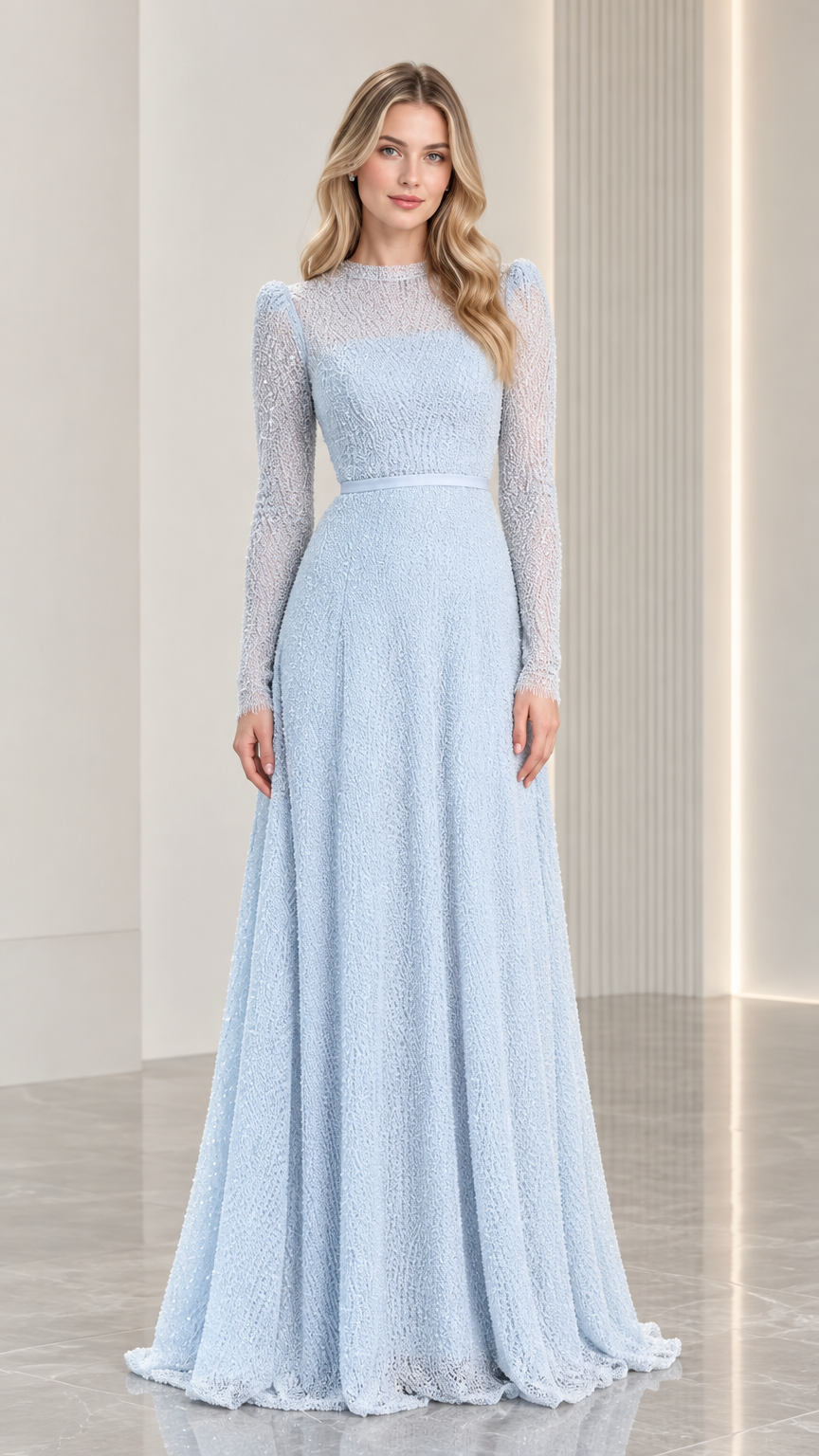 Front view of light blue illusion neck long sleeve A-line evening gown