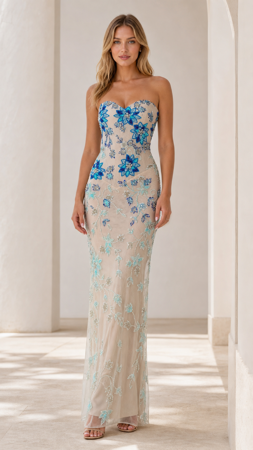 Front view of champagne strapless floral beaded evening gown