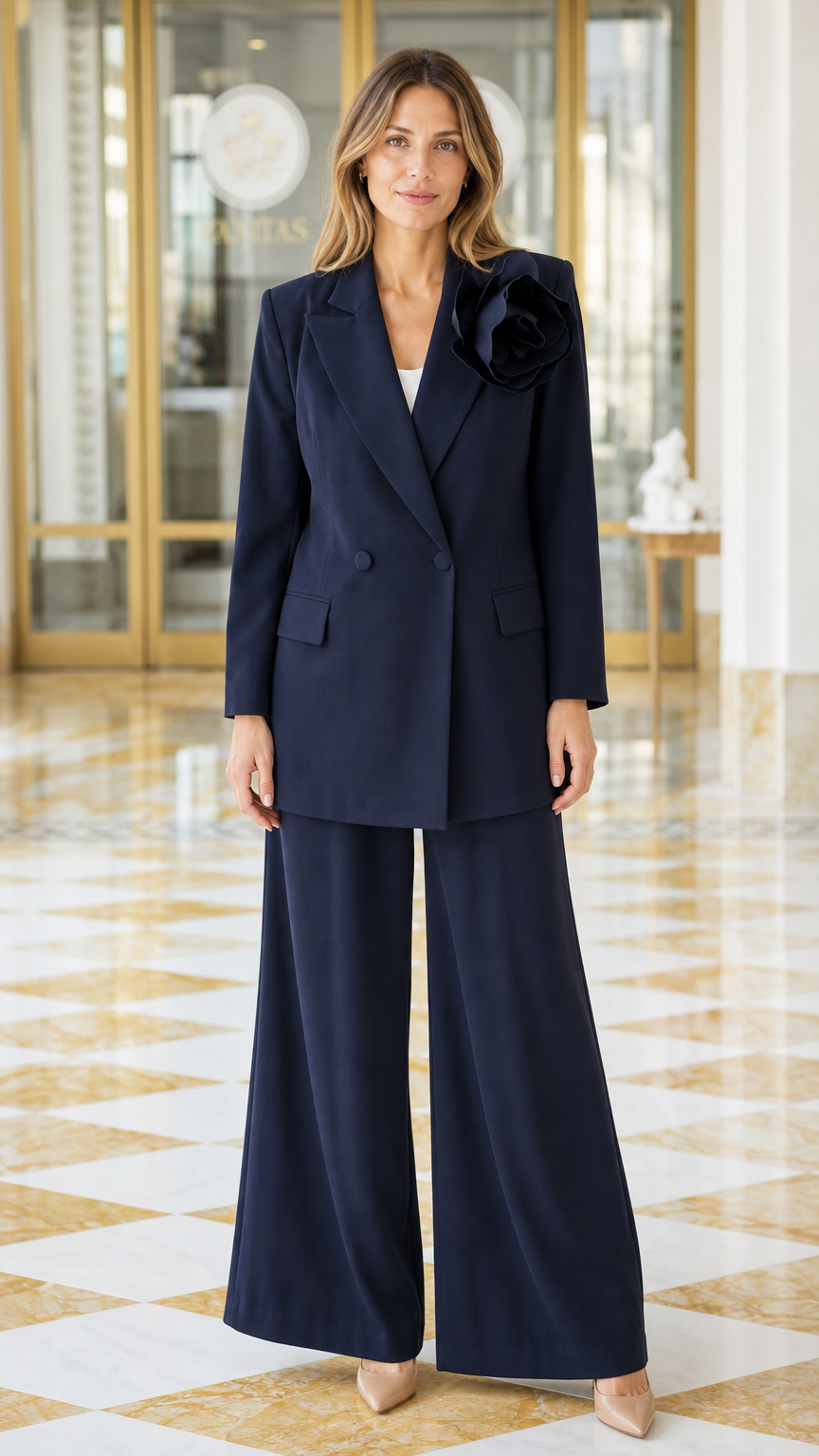 Front view of a woman wearing a navy floral brooch blazer and wide-leg pants suit