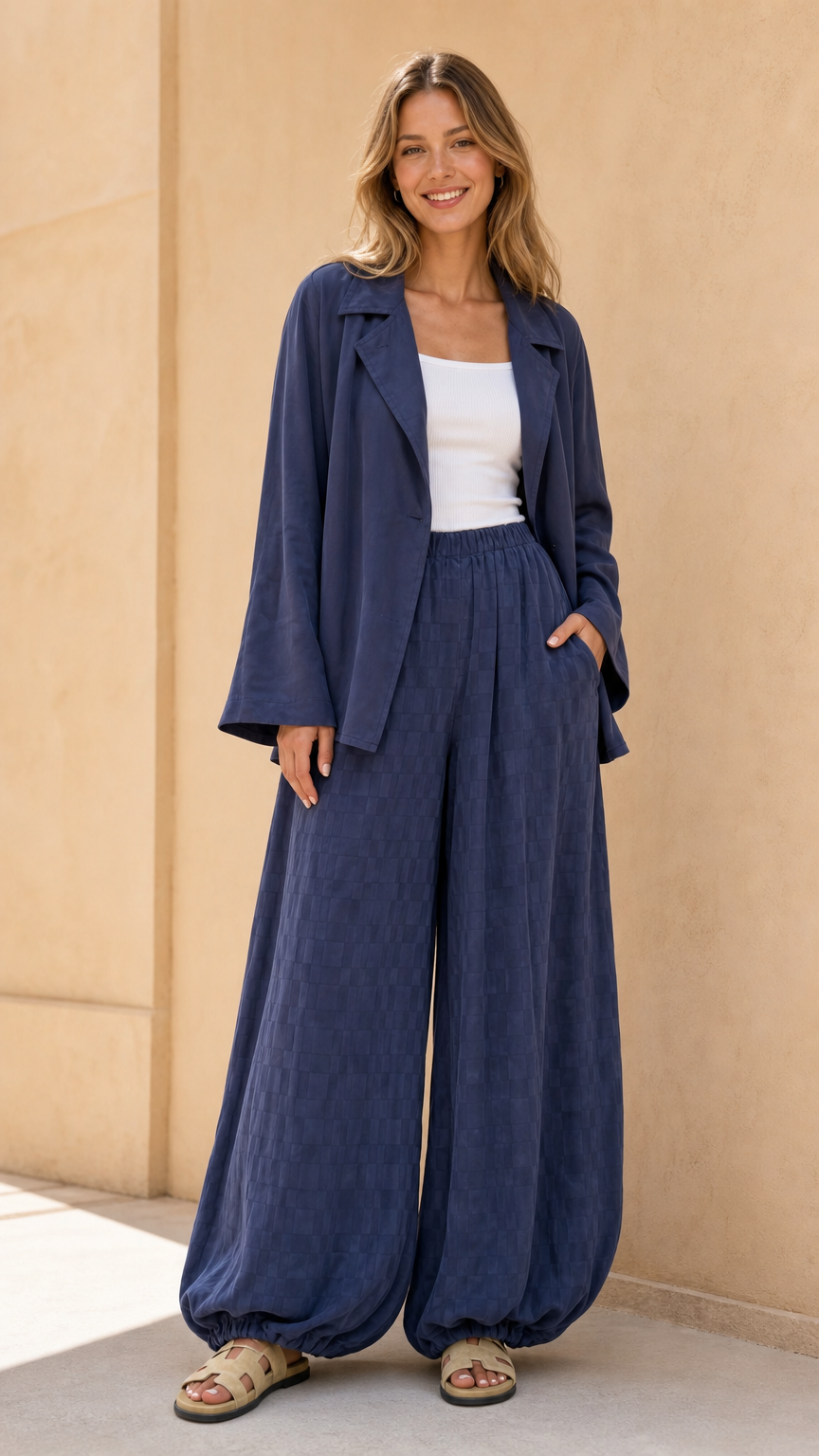 Front view of model wearing navy blazer and cinch-hem wide leg pant set