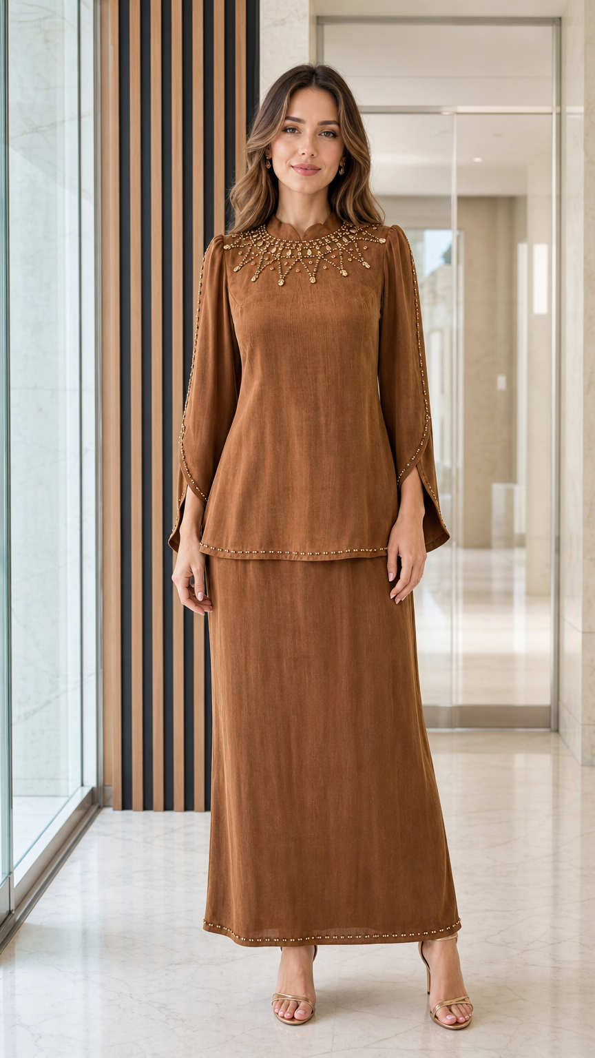 Full front view of women's caramel brown 2-piece modest skirt set with beaded neckline