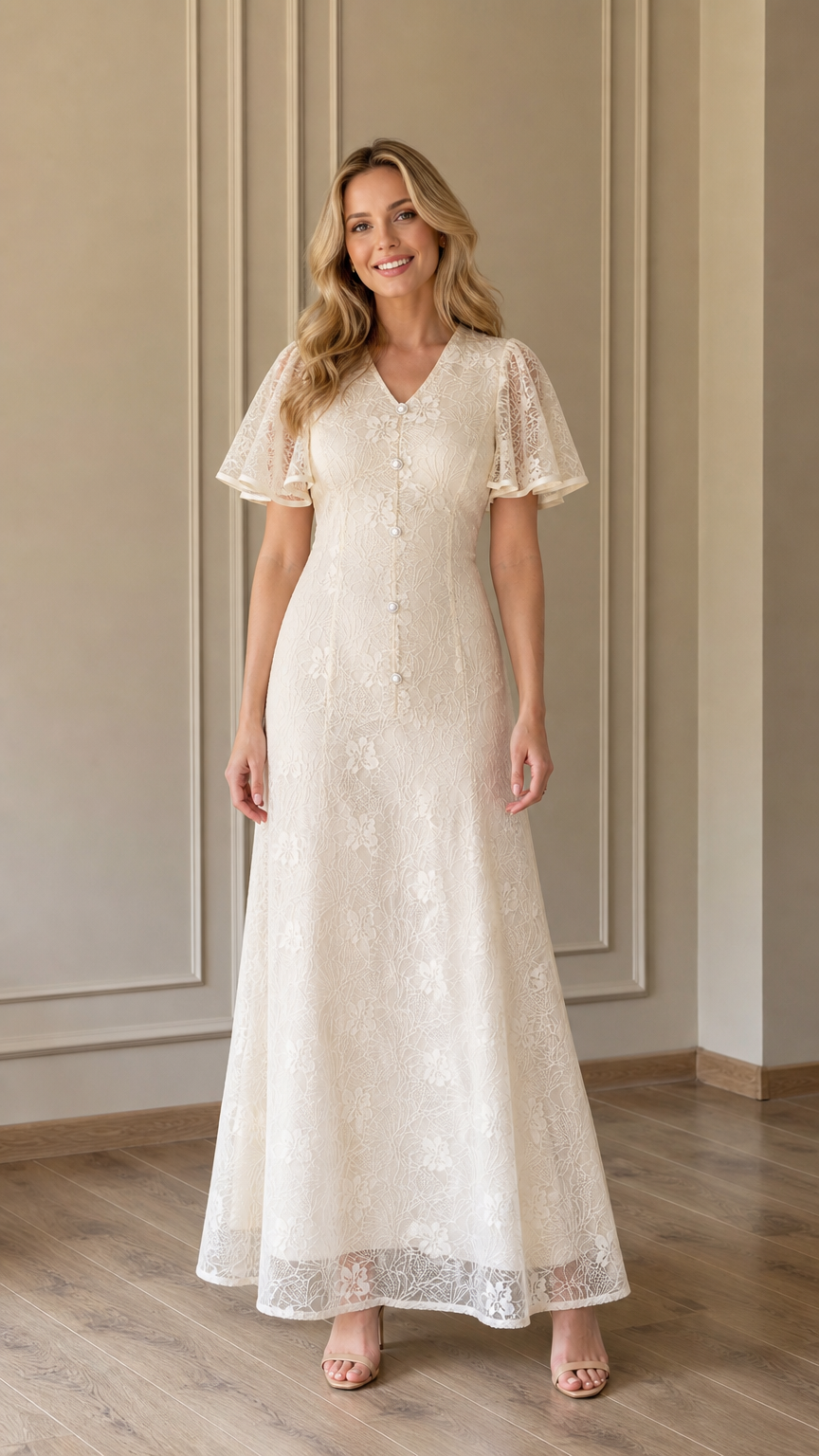 Front view of Ivory lace maxi dress on model
