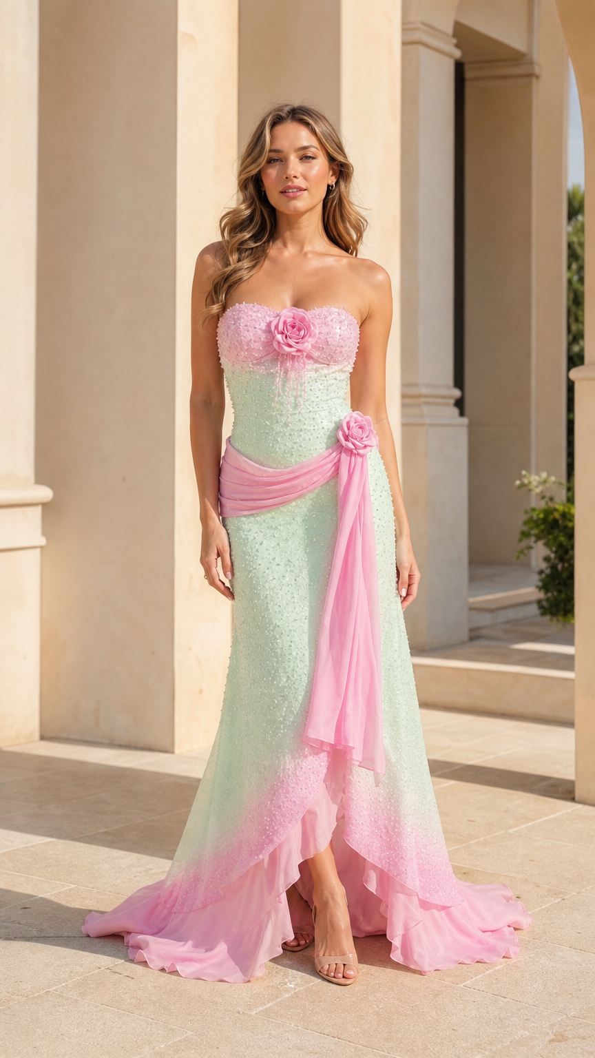 Front full-length view of model wearing mint green and pink ombré strapless sequin gown with 3D floral corsage