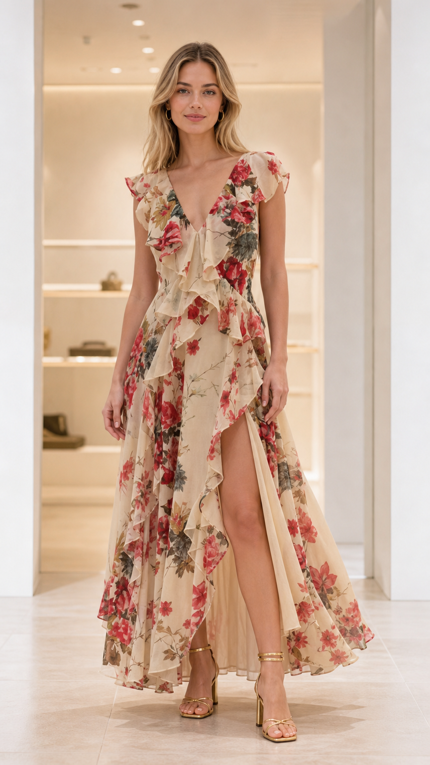 Front view of Champagne Floral ruffle backless maxi dress with plunging V-neck and high leg slit