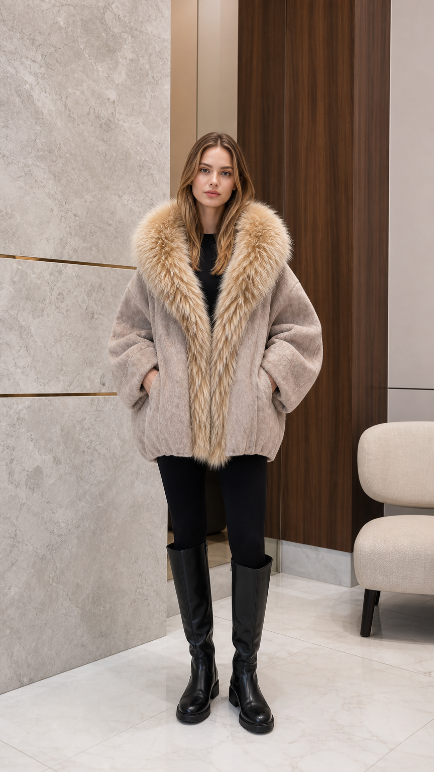 Front view of woman wearing beige oversized cocoon coat with plush faux fur collar and black tall boots