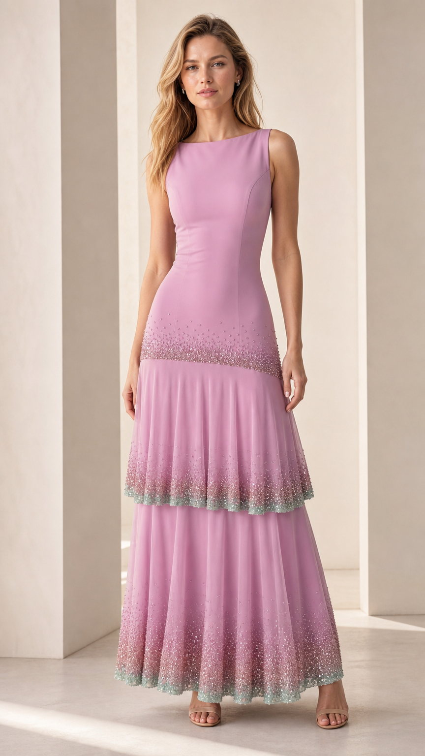 Full-length view of model wearing the lavender sequin-trimmed tiered maxi dress
