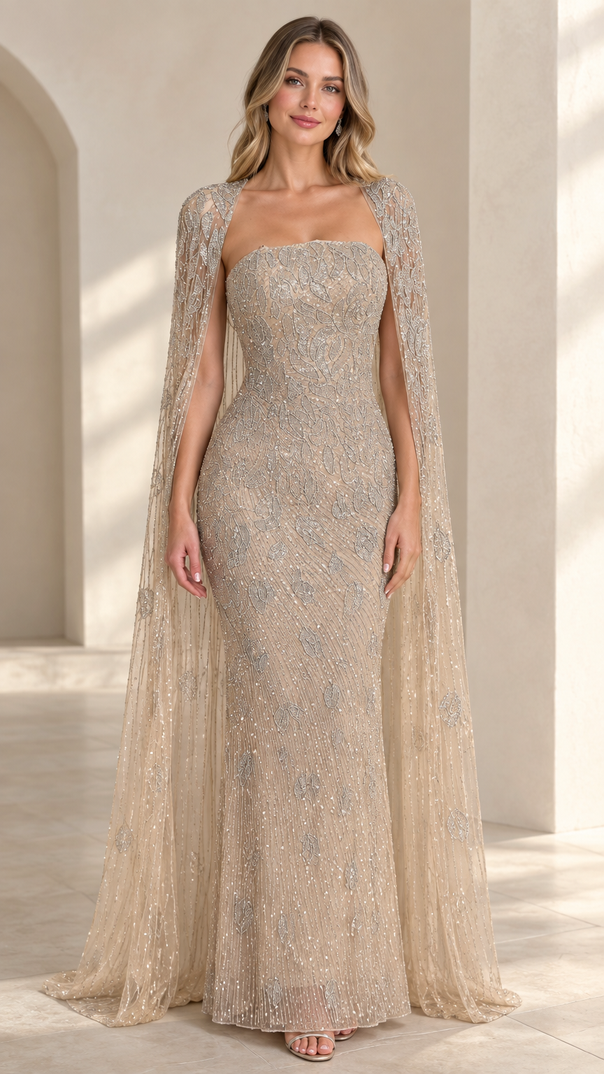 Front view of model wearing champagne beaded strapless evening gown with sheer cape