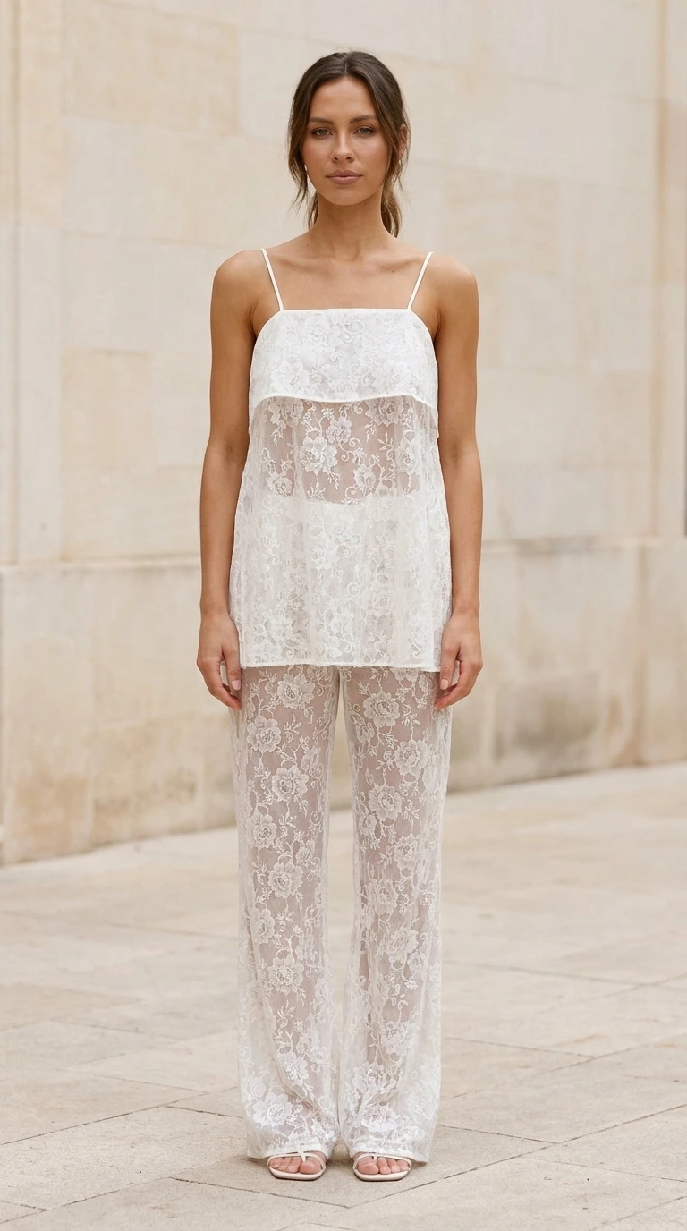 Front view of model wearing white lace cami and wide leg pants