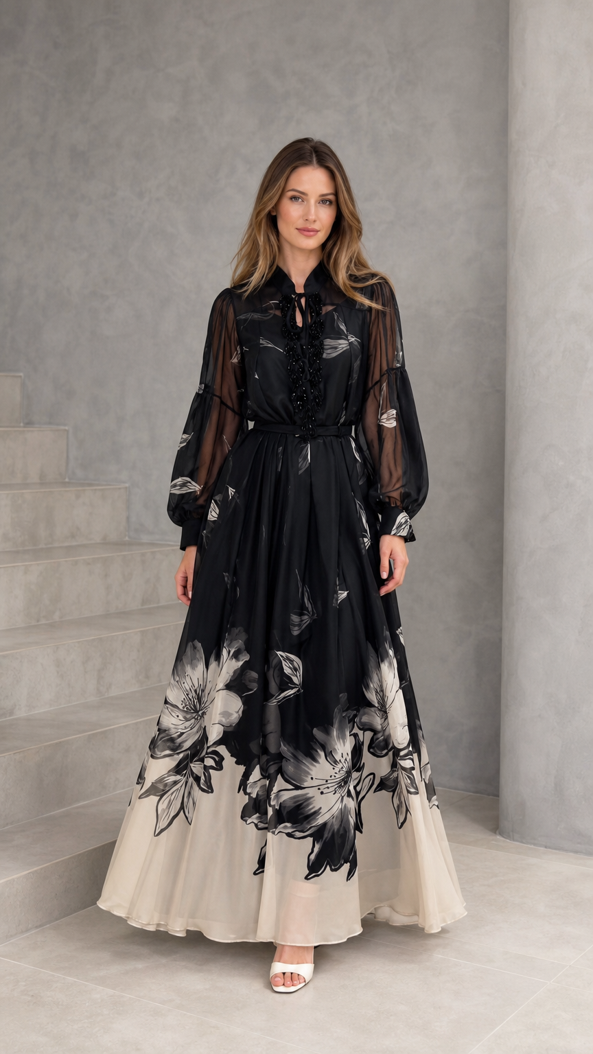 Front view of black and cream floral ombre chiffon long sleeve maxi dress