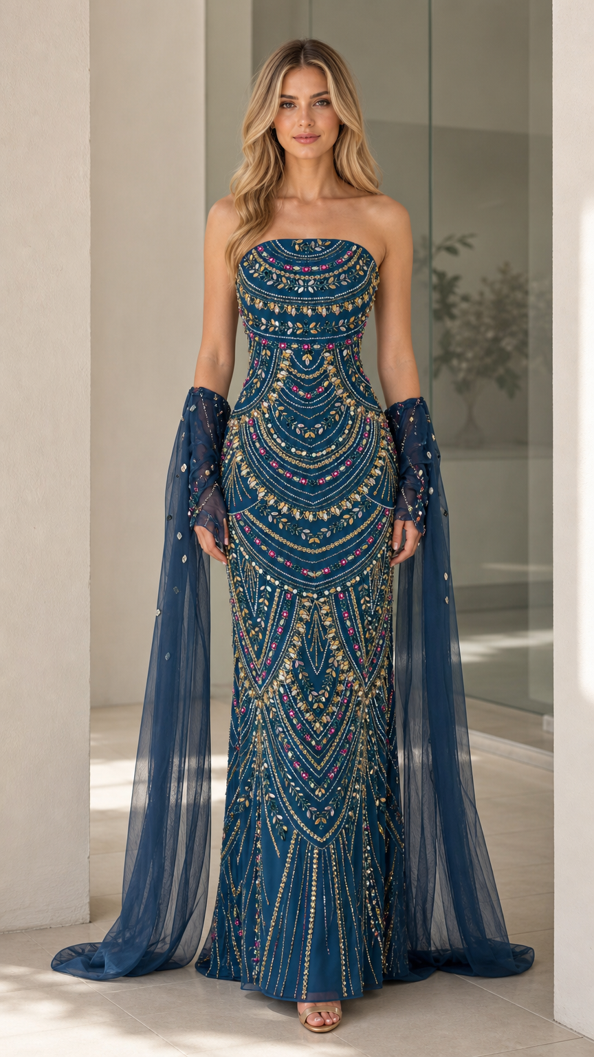 Front view of teal blue beaded strapless evening gown with matching stole