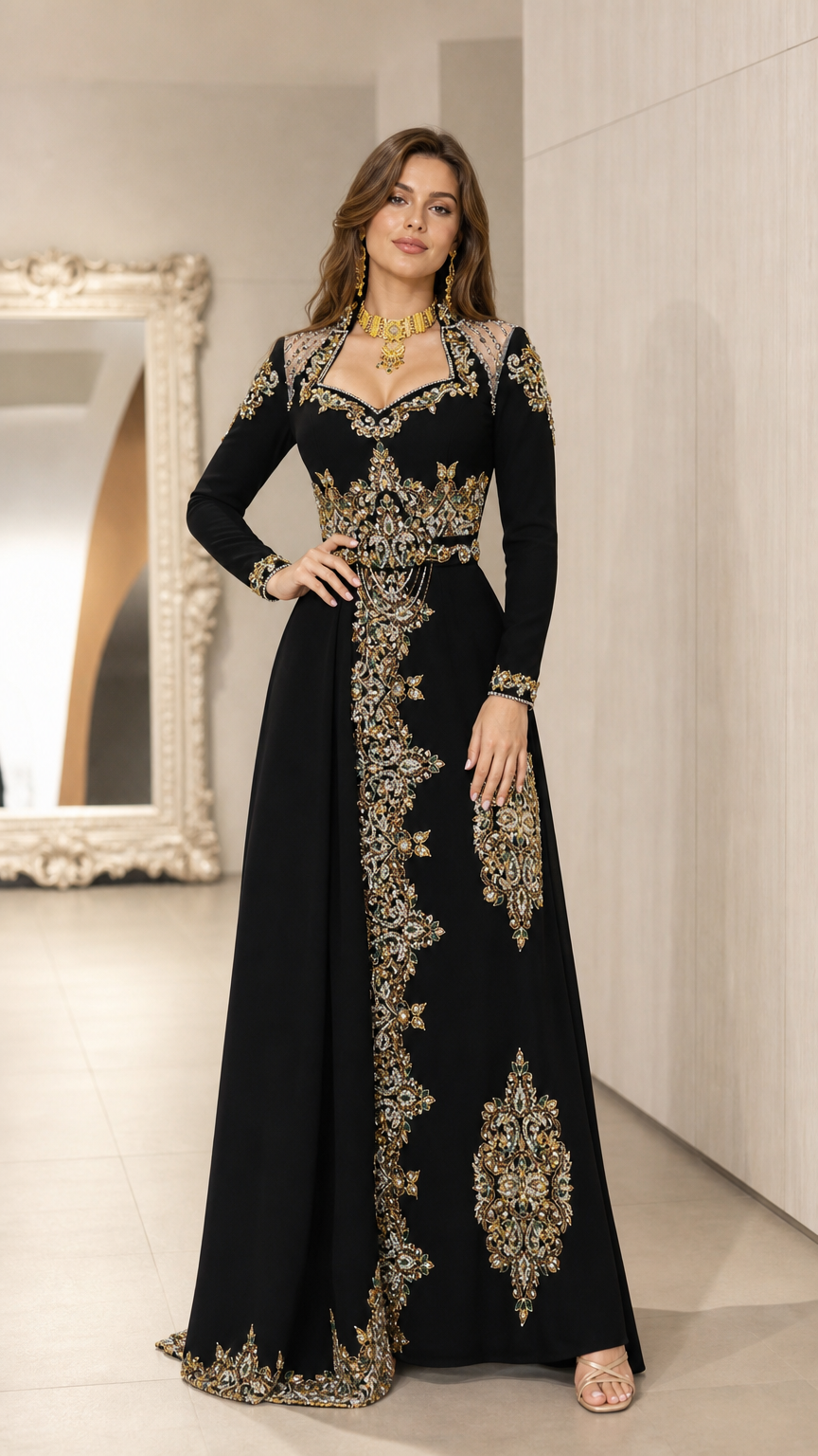 Front view of black embroidered long sleeve kaftan evening gown