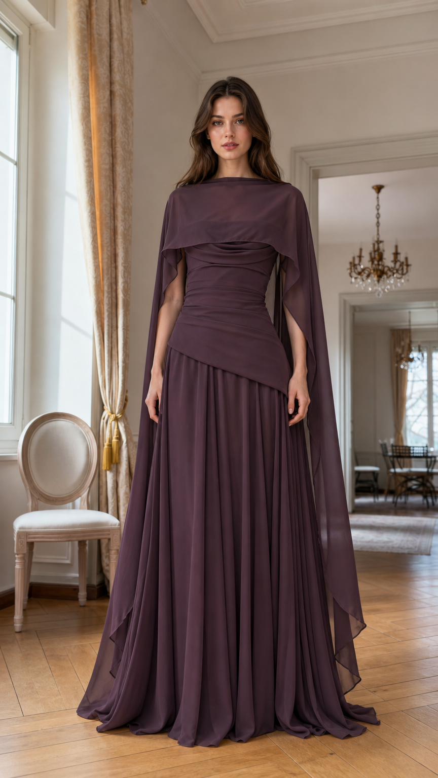 Full front view of Plum chiffon evening dress with cape overlay