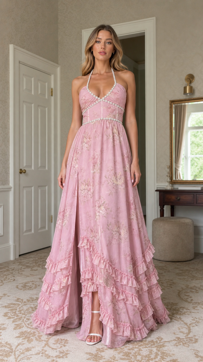 Front view of model wearing pink floral pearl-trimmed halter maxi dress with high slit