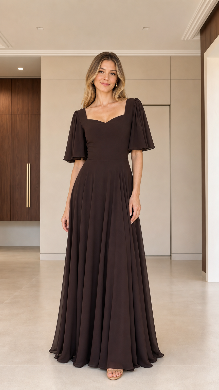 Front view of woman wearing chocolate brown sweetheart flutter sleeve maxi dress