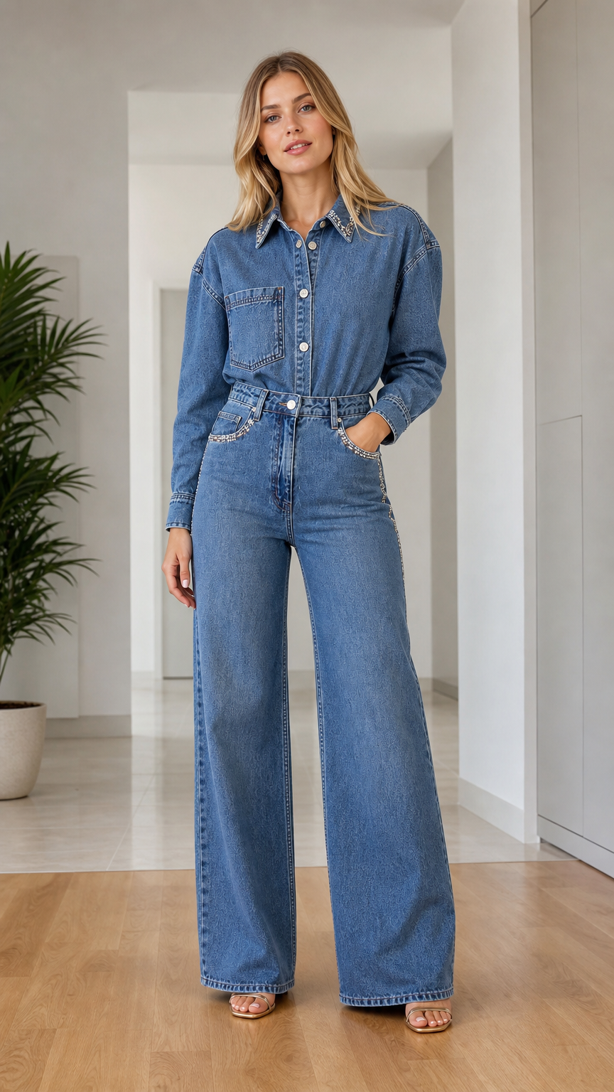 Front view of woman wearing medium blue long sleeve wide leg denim jumpsuit with rhinestone details