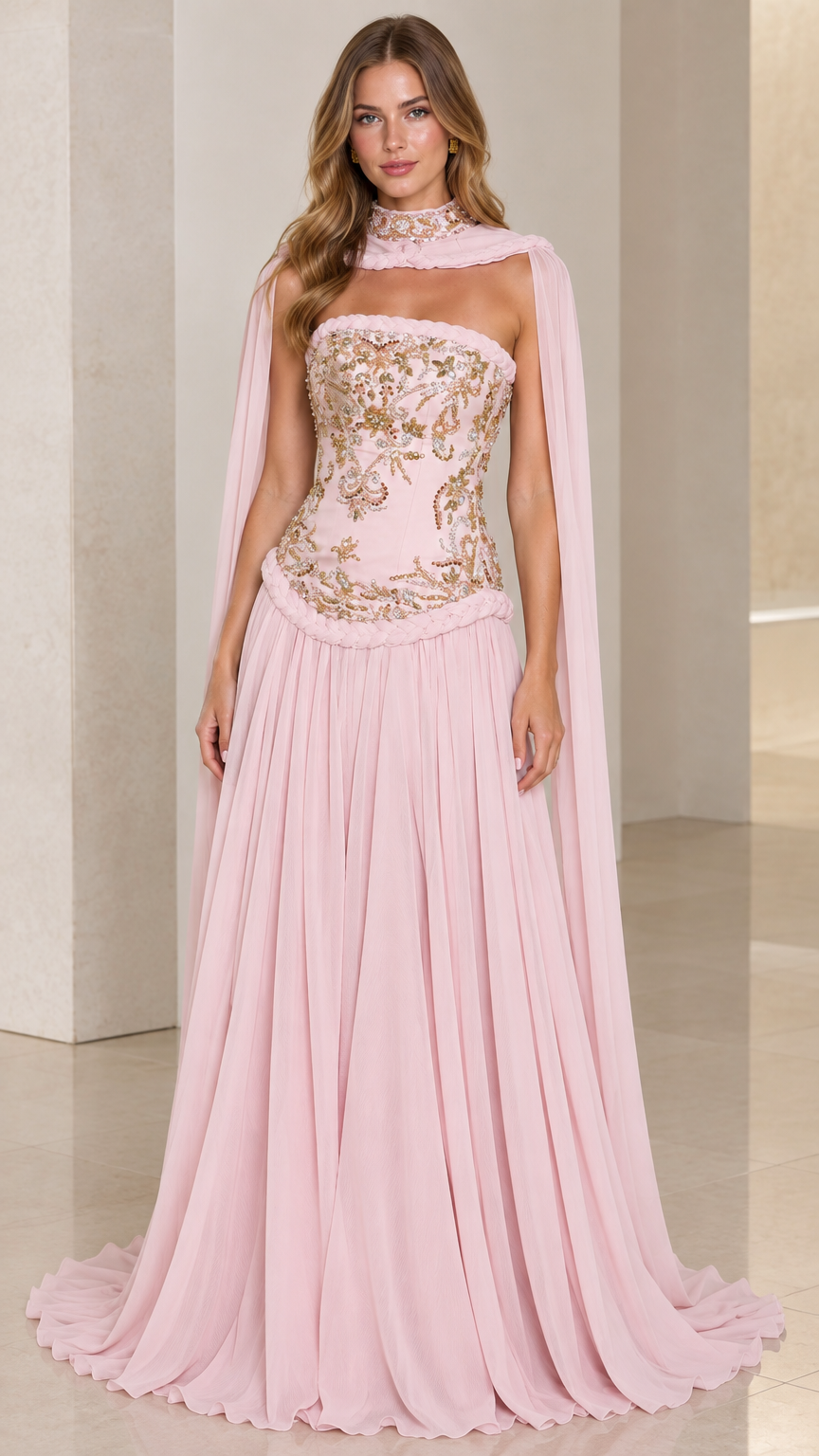 Blush pink strapless embellished corset evening gown with sheer choker cape front view