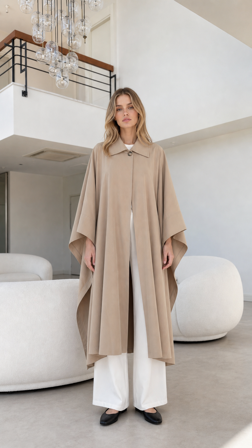 Full front view of model wearing beige longline cape coat with white wide-leg pants