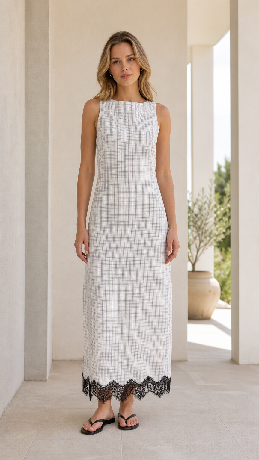 Front view of model wearing white gingham lace-trim midi dress