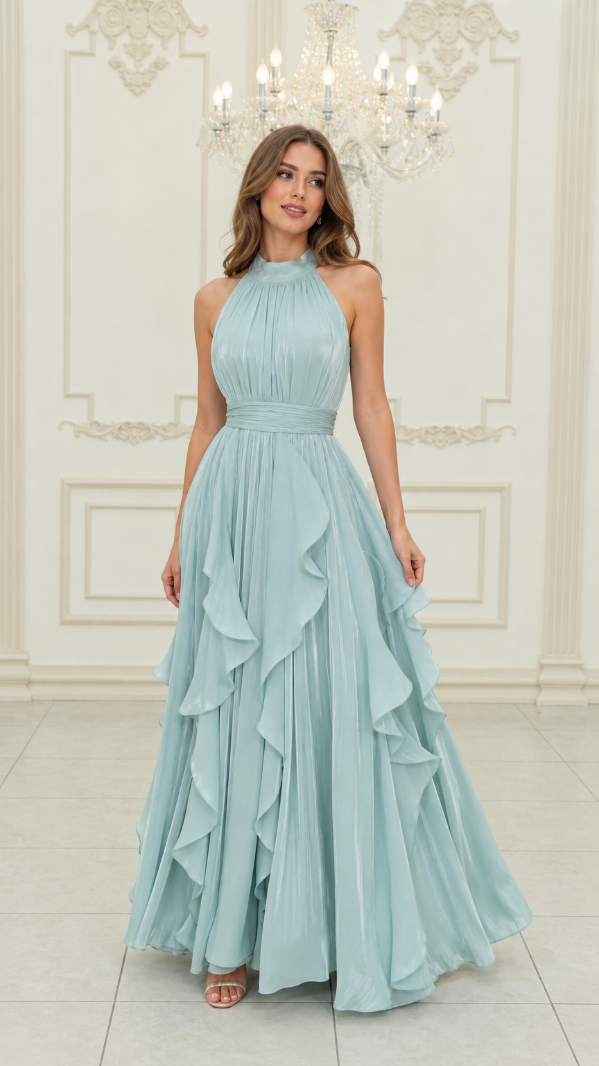Front view of light blue halter neck pleated maxi dress with cascading ruffles