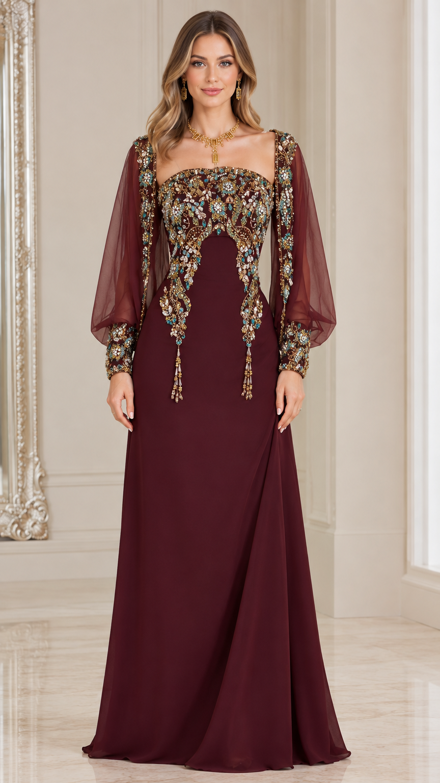 Full-length front view of burgundy beaded evening gown with sheer bishop sleeves