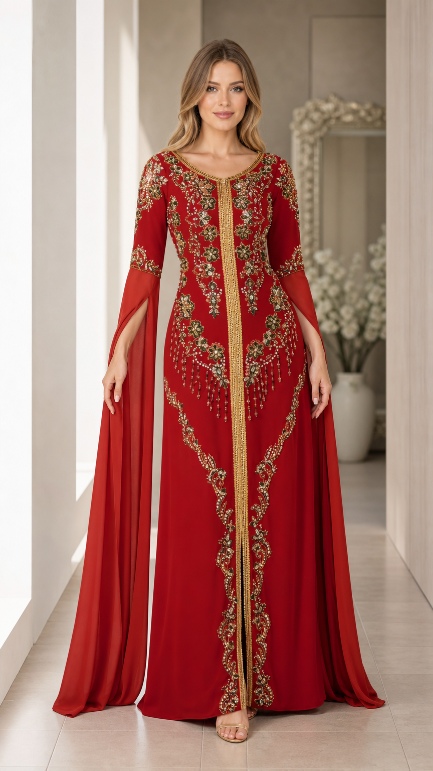 Front full view of woman wearing red embroidered cape sleeve kaftan gown