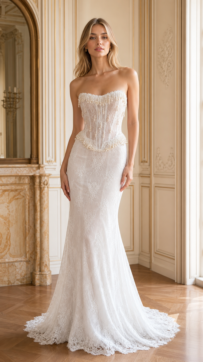 Front full-length view of model wearing white strapless pearl beaded corset lace mermaid gown