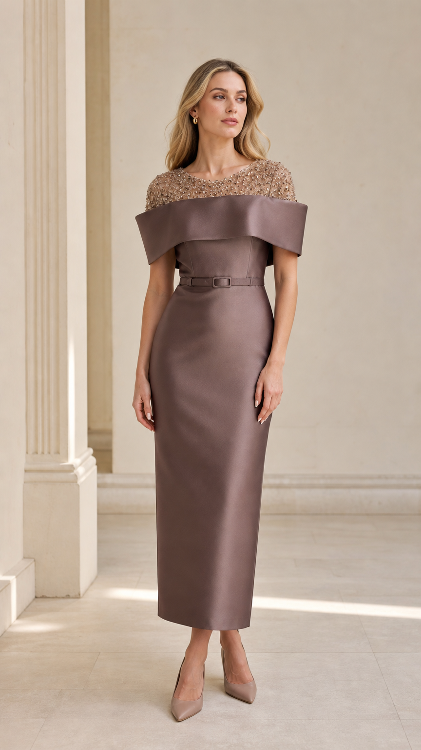 Front view of taupe sequin off-the-shoulder evening dress