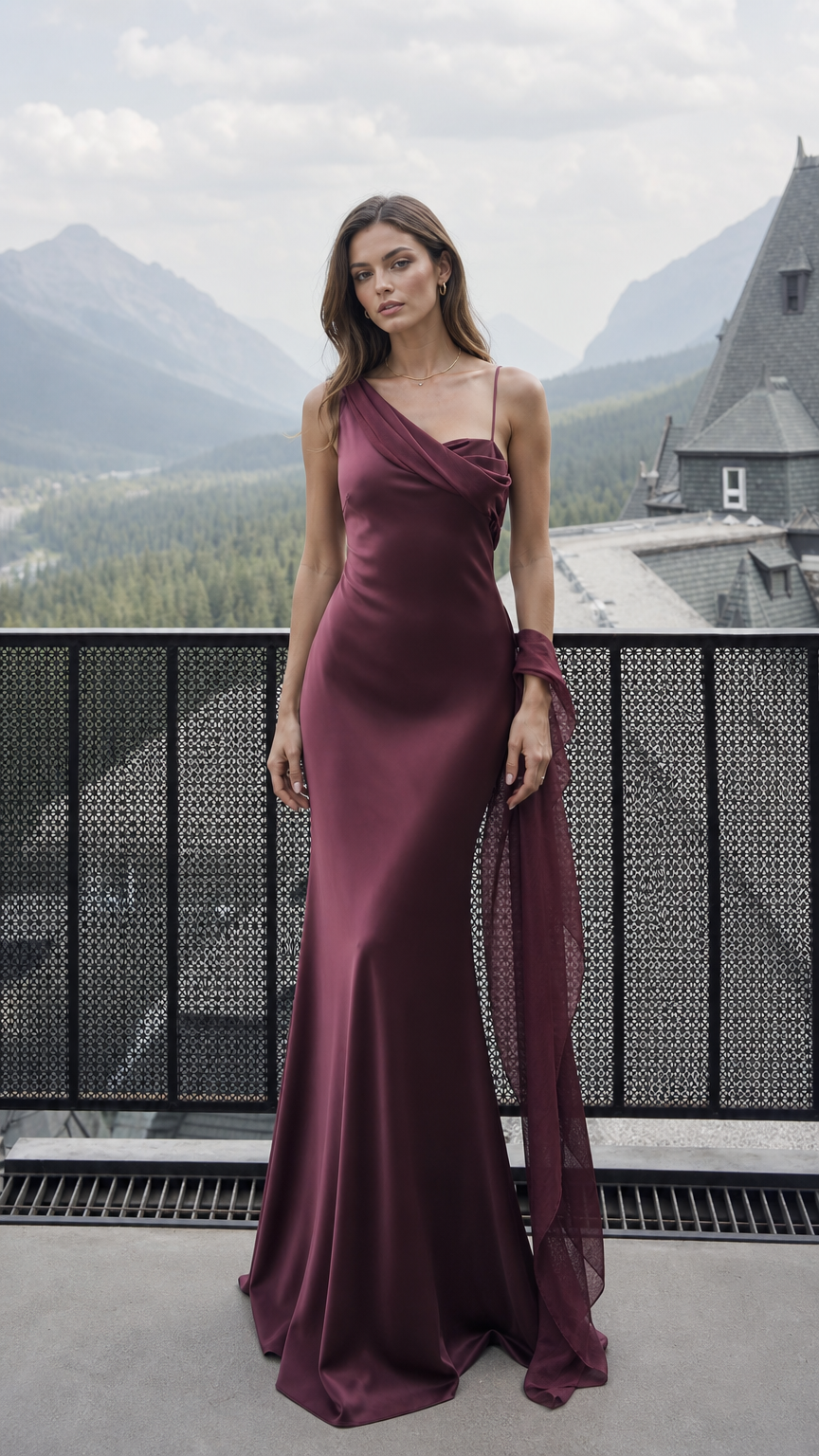 Front view of burgundy one-shoulder satin evening dress with draped scarf