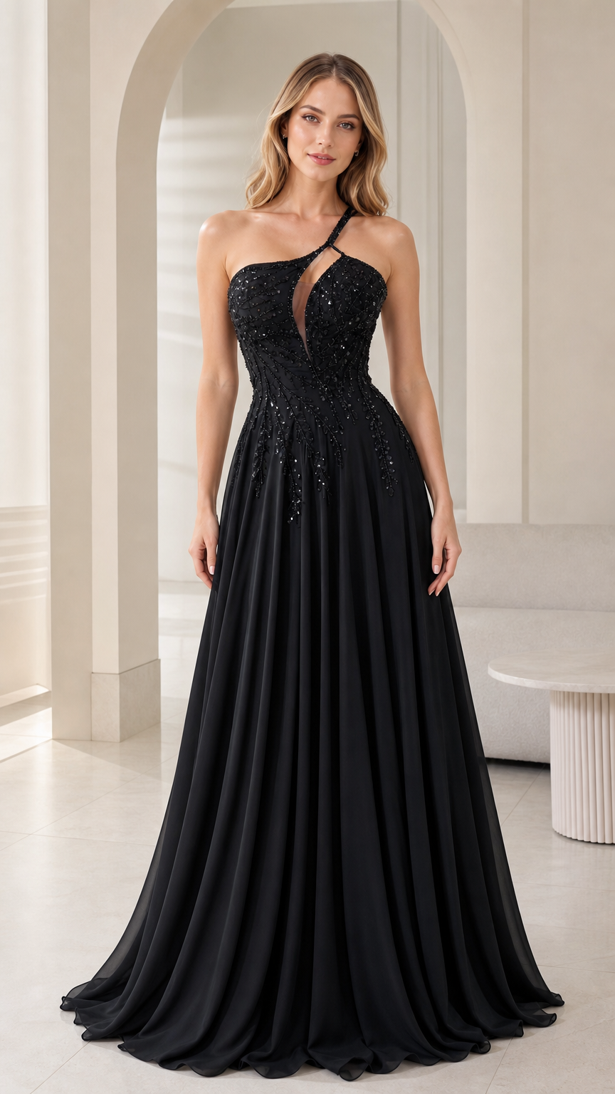 Front view of woman wearing black one-shoulder beaded chiffon evening gown