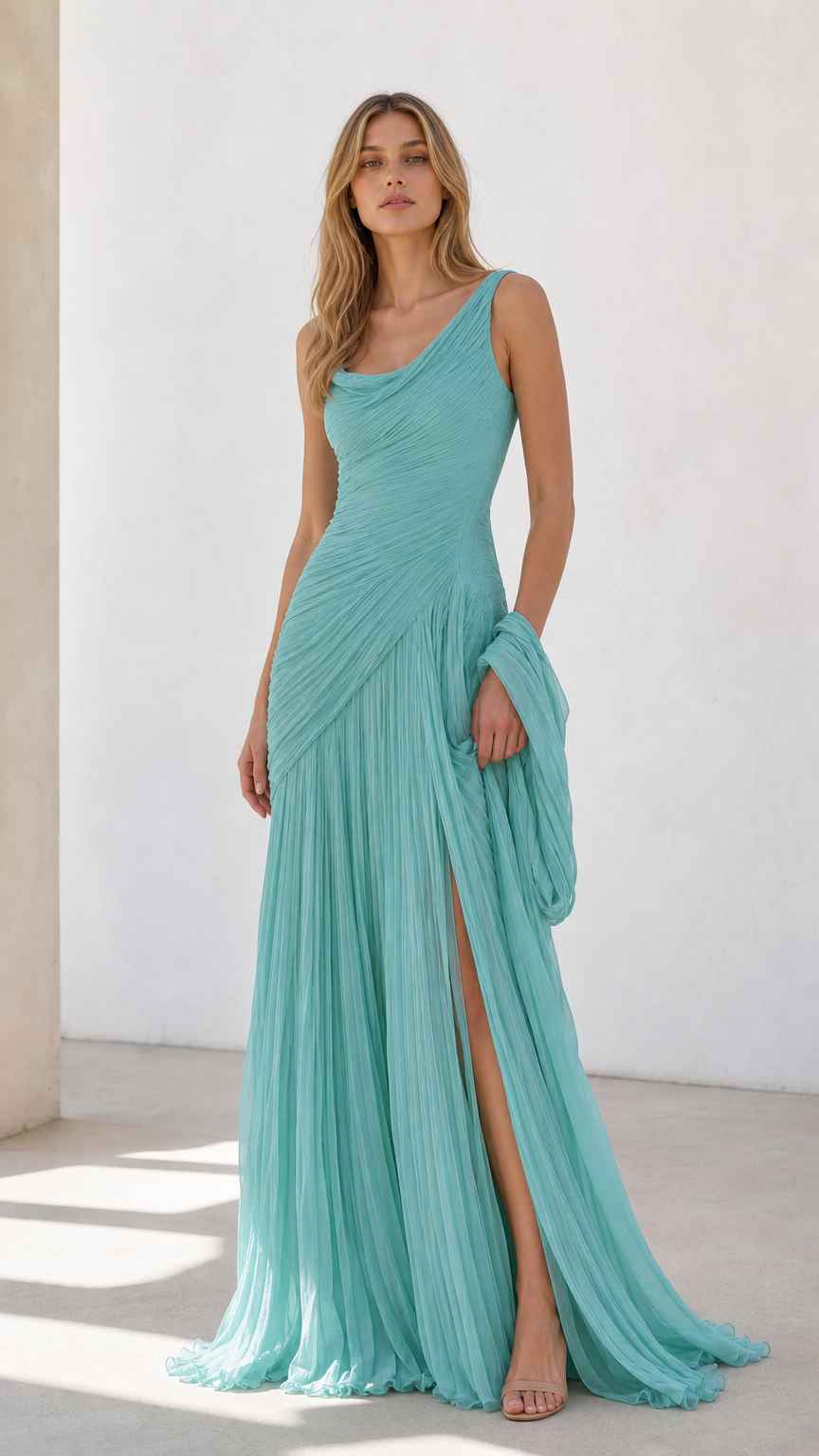Full front view of aqua blue pleated maxi gown with high slit and shawl