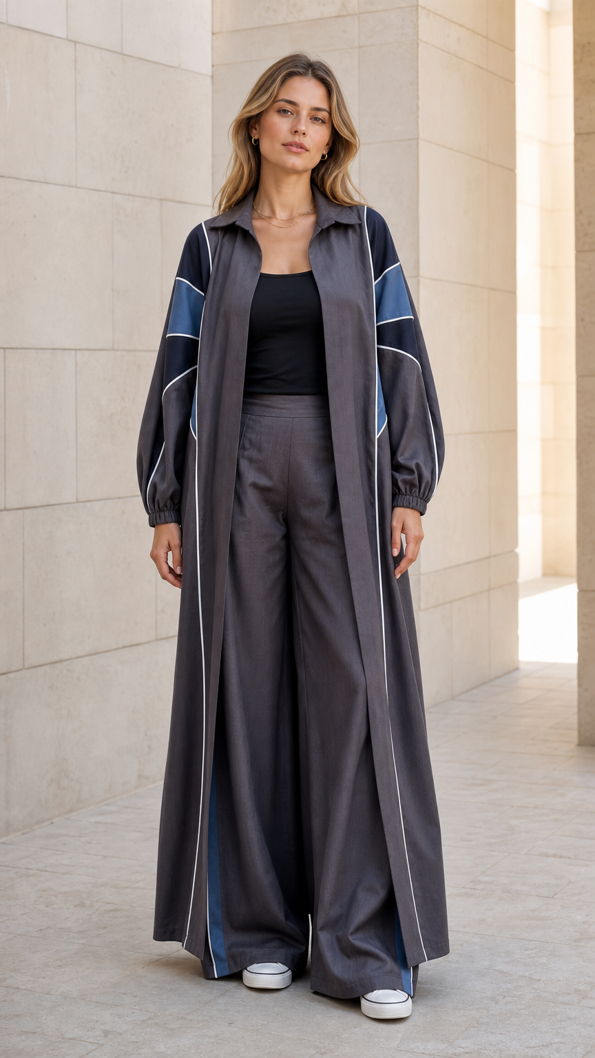 Full front view of Charcoal Grey colorblock duster coat and wide leg pants set