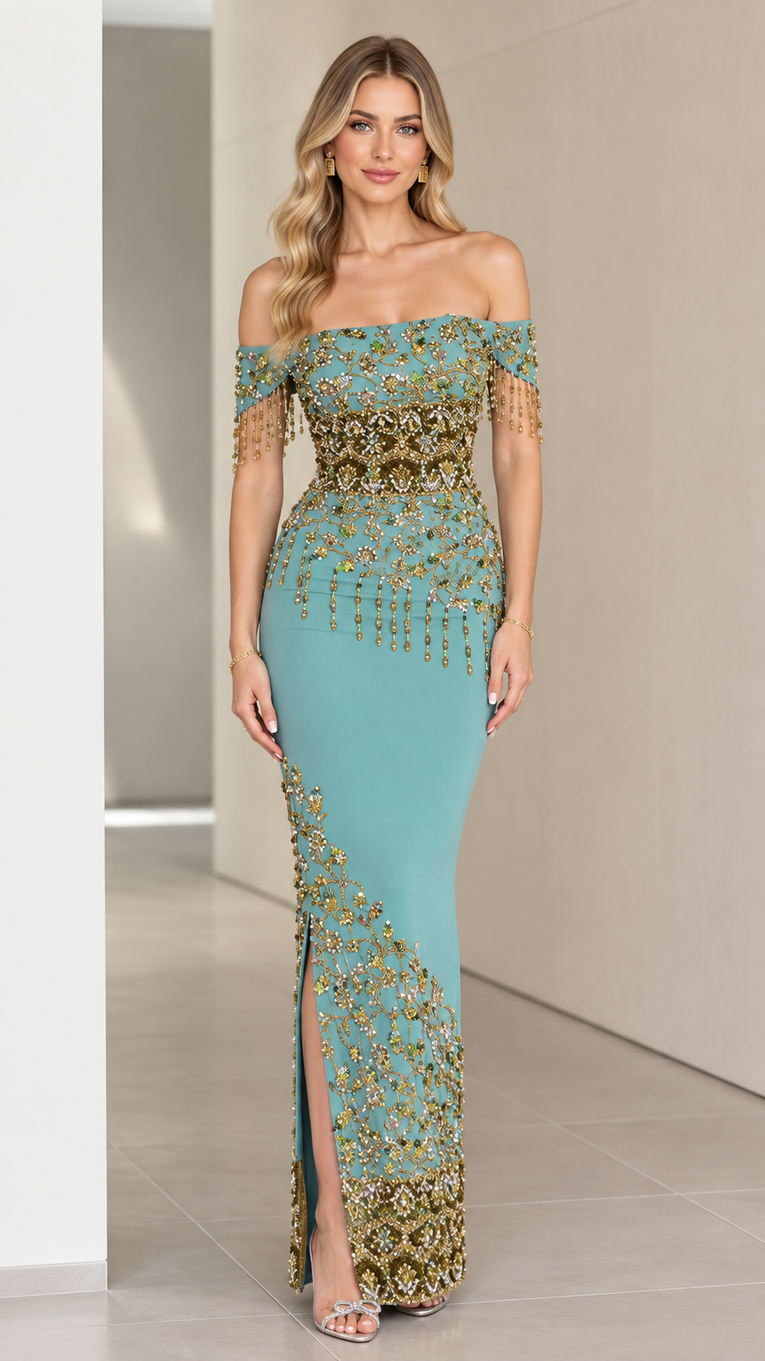 Front view of teal off-the-shoulder beaded fringe evening maxi gown with side slit