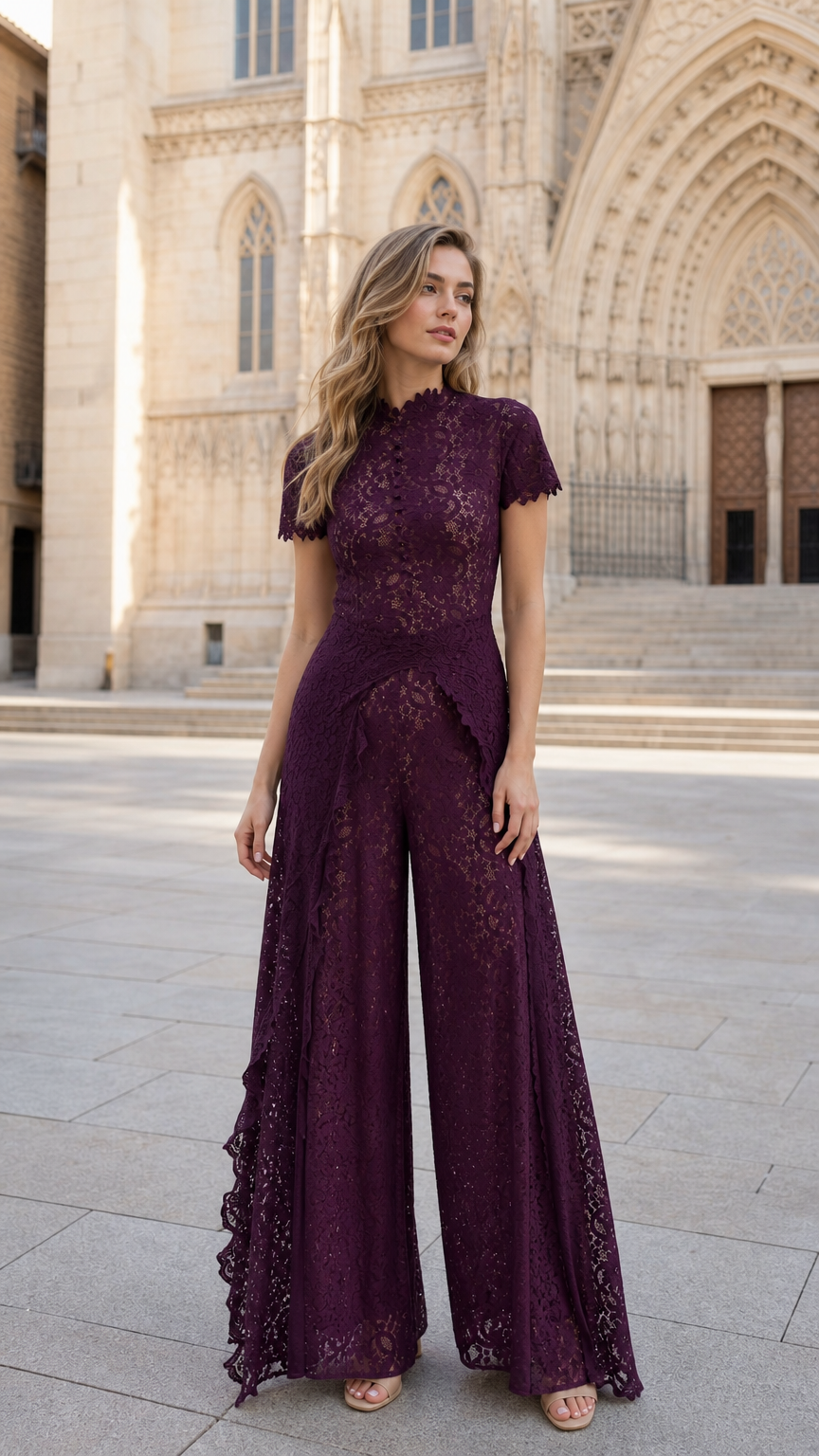 Front full-length view of woman wearing Plum floral lace wide-leg jumpsuit in front of historic cathedral