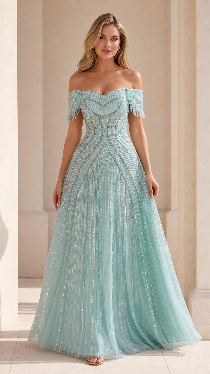 Front view of mint off-the-shoulder evening gown