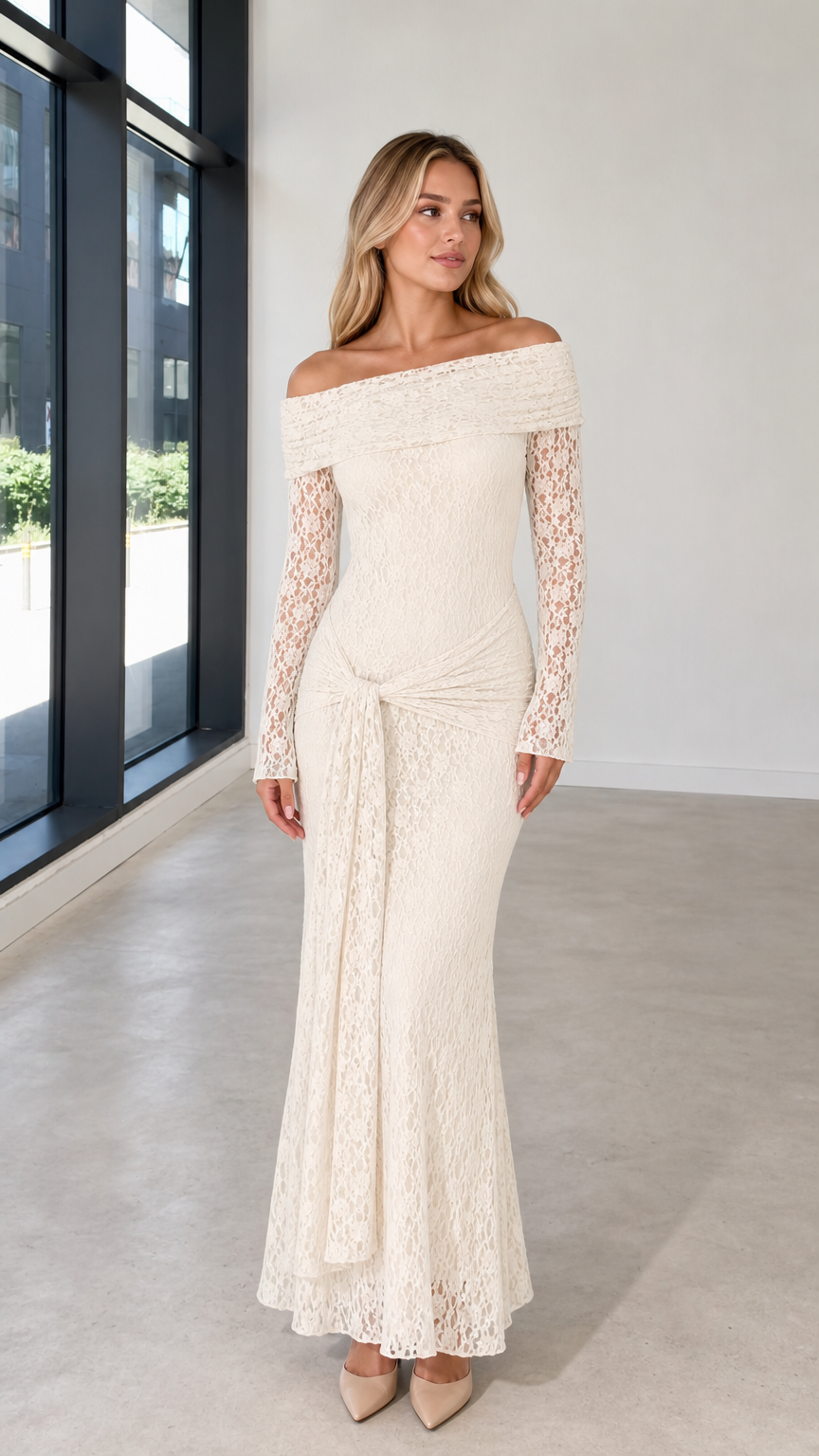 Full front view of model wearing ivory off-the-shoulder lace maxi dress